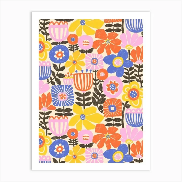 Into The Garden – Paper Flowers Collage Black Pink Orange Yellow Blue White Art Print by Sandra Hutter Designs
