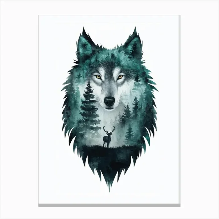 Intricate Wolf Artwork With Serene Watercolor Landscape 3 Canvas Print by shoopshirt