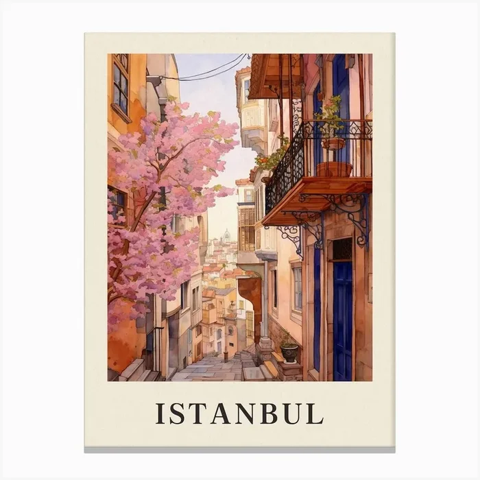 Istanbul Turkey 3 Vintage Pink Travel Illustration Poster Canvas Print by MedArt