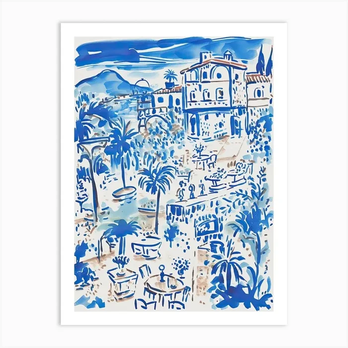 Italy, Amalfi Coast Cute Illustration In Blue 1 Art Print by Mambo