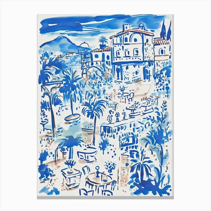 Italy, Amalfi Coast Cute Illustration In Blue 1 Canvas Print by Mambo