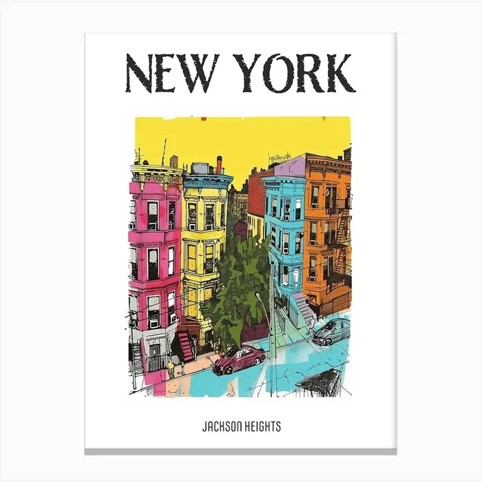 Jackson Heights New York Colourful Silkscreen Illustration 4 Poster Canvas Print by PixelPerfect