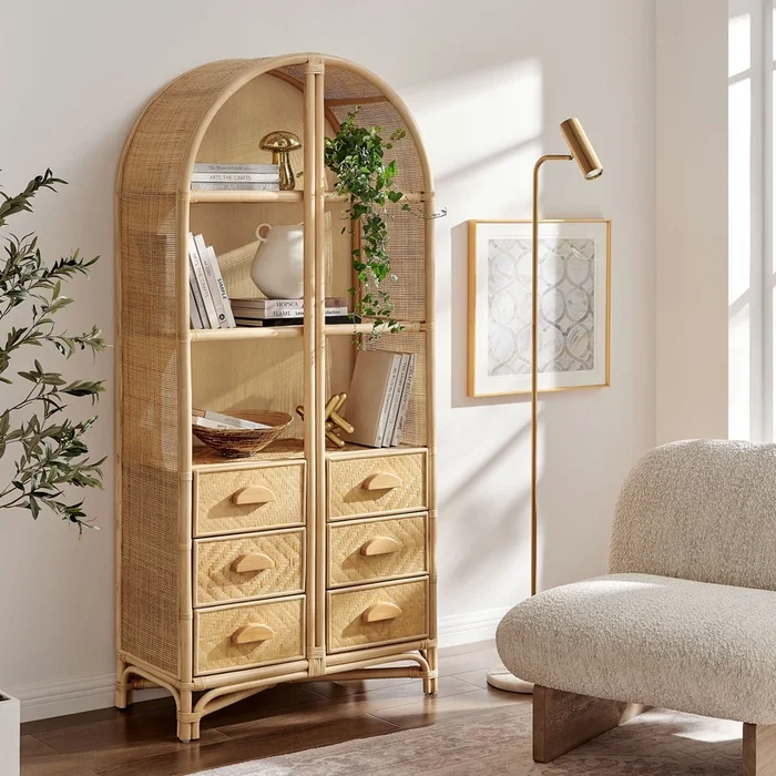 Jane 71 Inch Tall Arched Natural Rattan Bookshelf by Modway