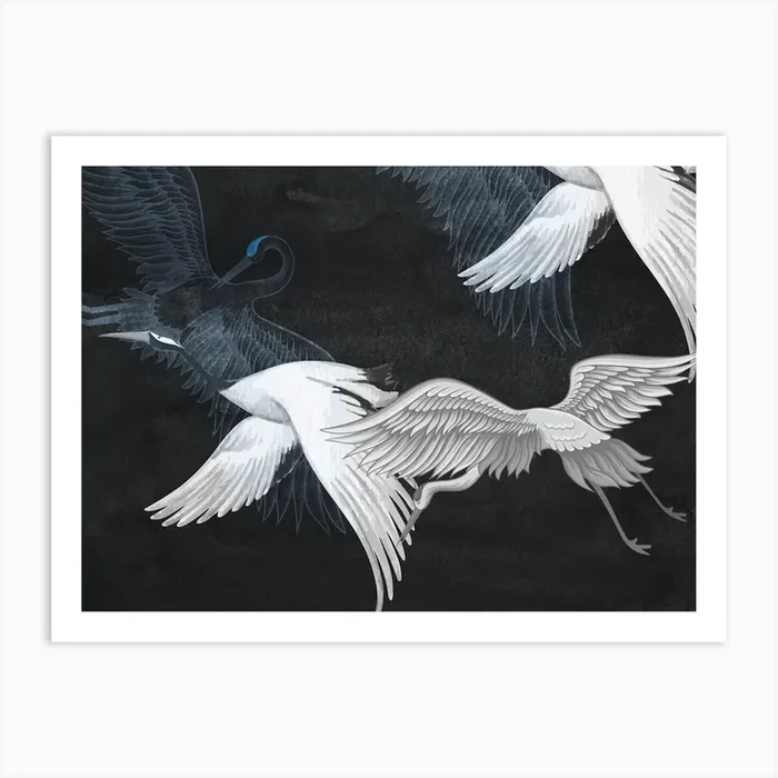Japanese Flying Cranes Watercolor Art Print by Lily Pope