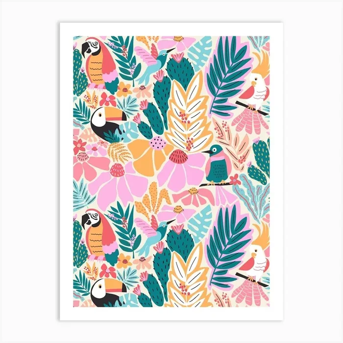 Joyful Jungle Birds in the Pastel Tropics Art Print by Sandra Hutter Designs
