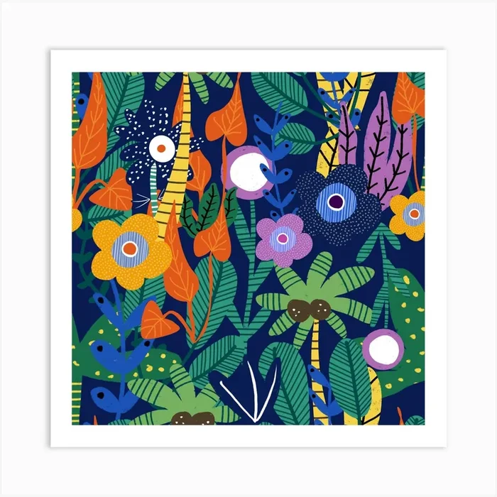 Joyful Jungle Floral Blue Art Print by Susana Costa