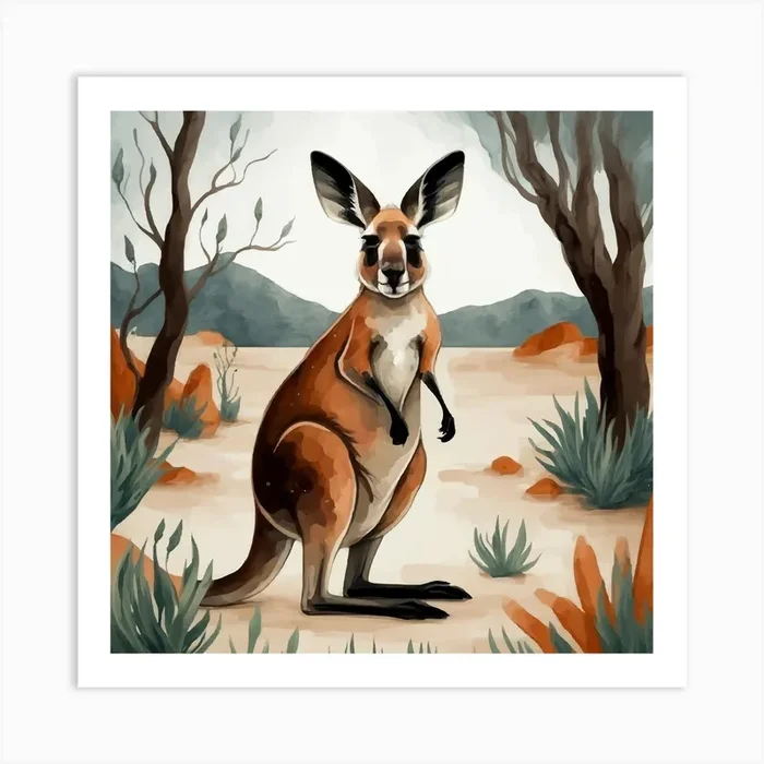 Kangaroo Wilderness Adventure Watercolor Art Print by alien designer