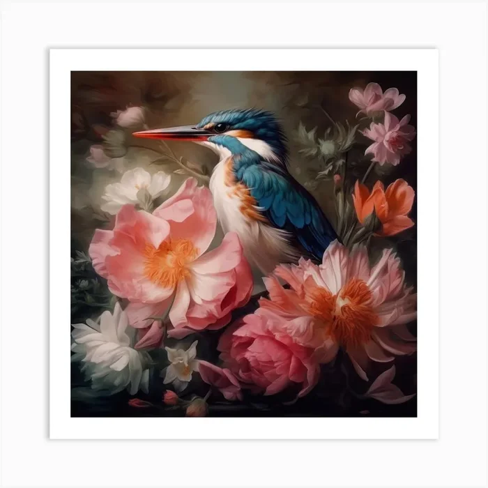 Kingfisher And Flowers Art Print by Peony Sunday