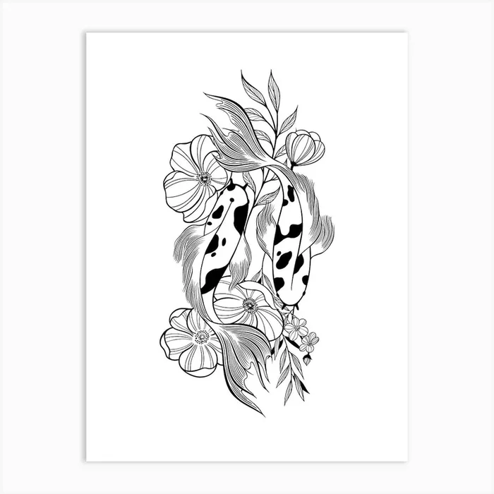 Koi Fishes With Flowers Art Print by Eastern Spring Co