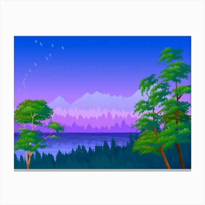 Landscape Illustration Nature Sky Twilight Trees Forest Blue Purple Green Water Lake Canvas Print by Etnousta