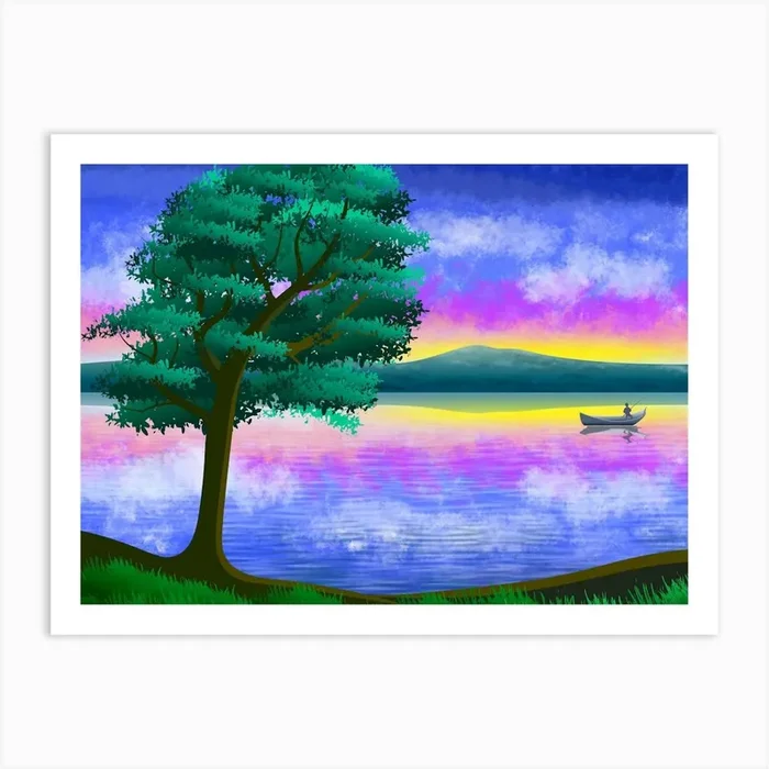 Landscape Nature Sky Clouds Lake Sea Water Fisherman Boat Tree Scenic Horizon Painting Art Silhouette Sun Brightness Colorful Twilight Art Print by Etnousta