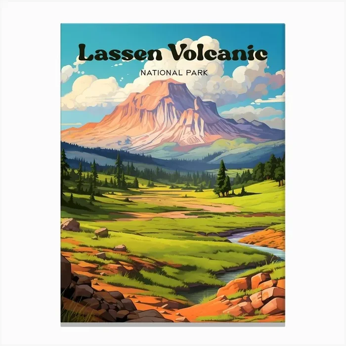 Lassen Volcanic National Park California Hiking Modern Travel Illustration Canvas Print by Wanderscape Travel Art