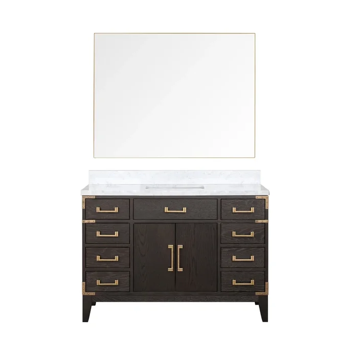 Laurel 48 in W x 22 in D Brown Oak Single Bath Vanity, Carrara Marble Top, and 46 in Mirror