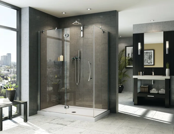 Lexus Right Handed Oval Hinge 2 sided Shower Door with Curved Handle & Flat Towel Bar – 39 “
