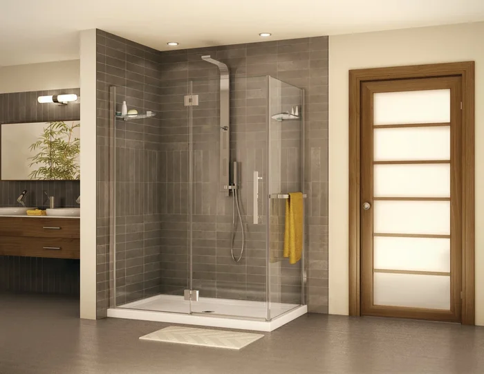 Lexus Right Handed Rectangle Hinge 2 sided Shower Door with Flat Handle & Round Towel Bar – 53 “