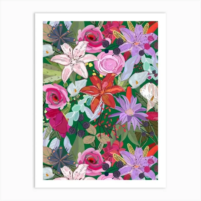 Lily And Colorful Flowers Pattern Art Print by Gulsen Gunel