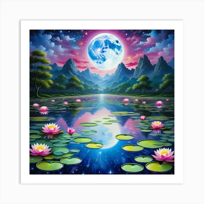 Lily Pond With Moon Art Print by Vinzlim