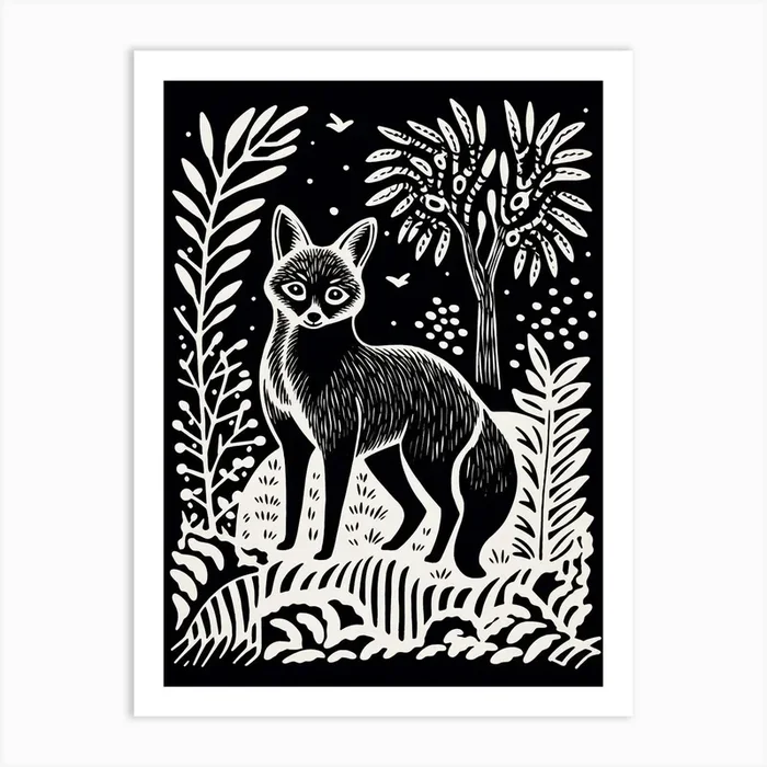 Linocut Fox Illustration Black 7 Art Print by FoxFables Gallery