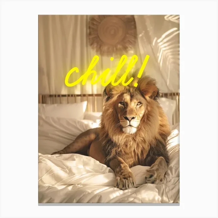 Lion on bed, neon Chill sign Canvas Print by Kerry Pritchard