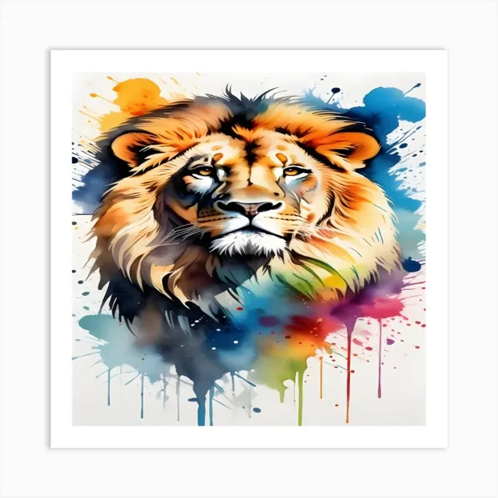 Lion Painted In Watercolor Splatters Art PrintW by WallArt