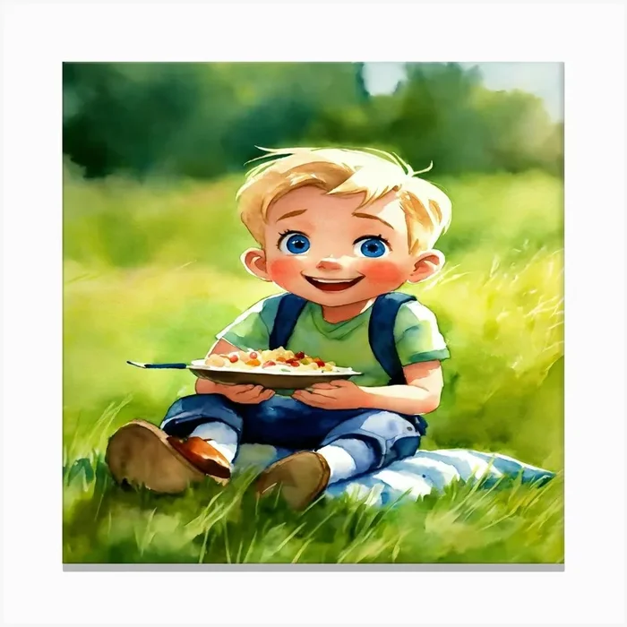 Little Boy Eating In The Grass Canvas Print by Mohmedabdallh