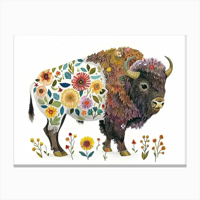 Little Floral Bison 1 Canvas Print by Scribble Studio