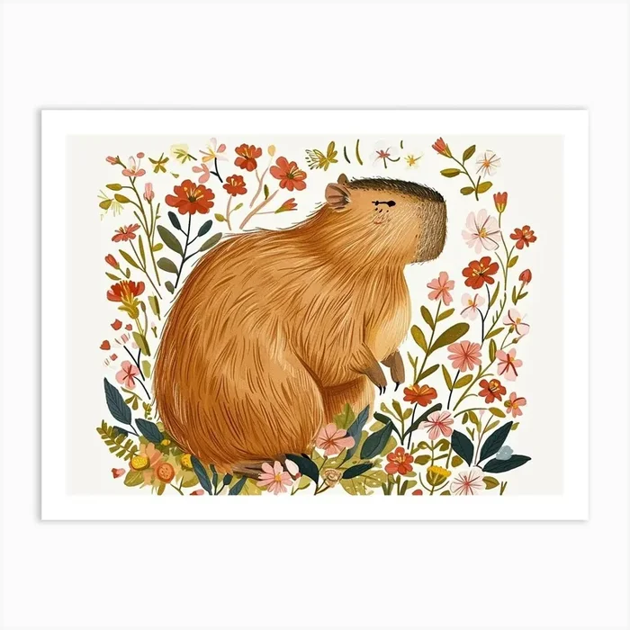 Little Floral Capybara 4 Art Print by Scribble Studio