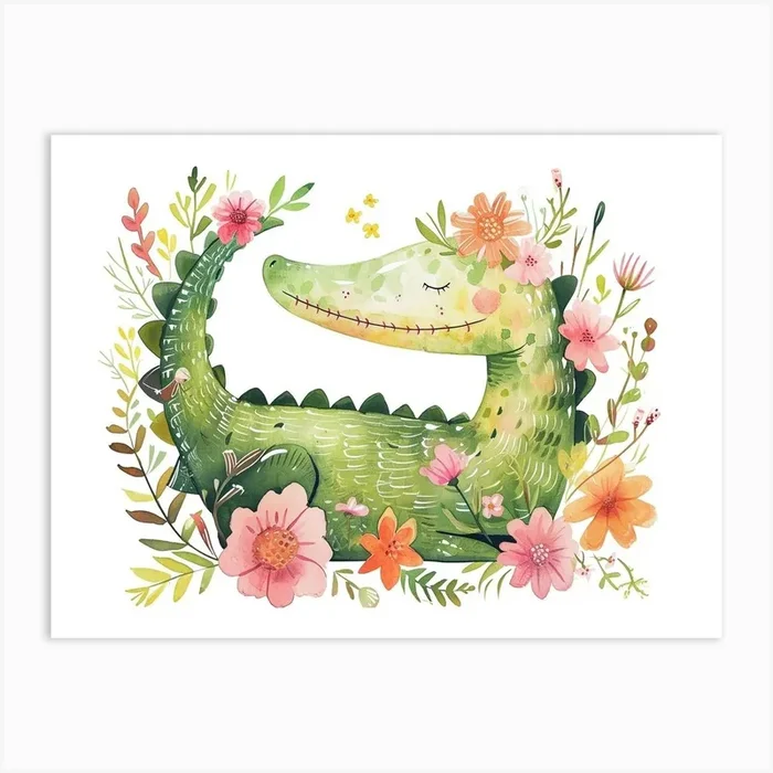 Little Floral Crocodile 2 Art Print by Scribble Studio
