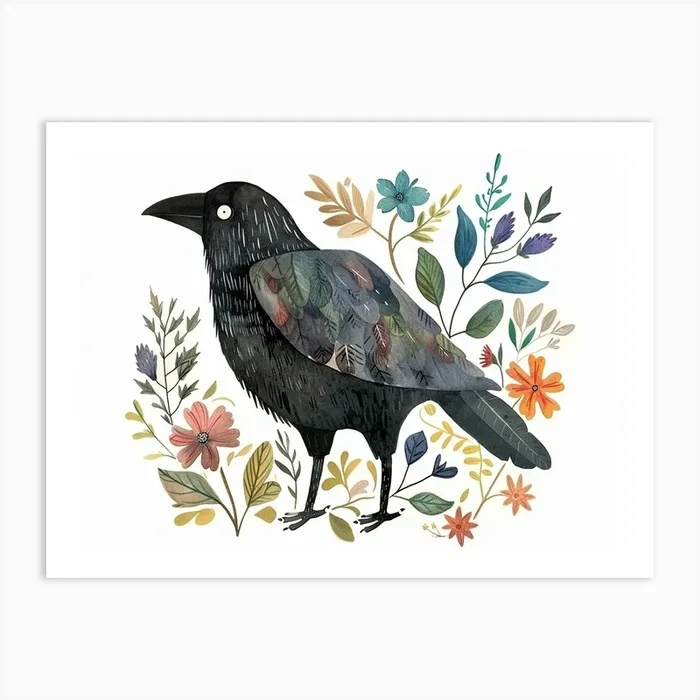 Little Floral Crow 1 Art Print by Scribble Studio