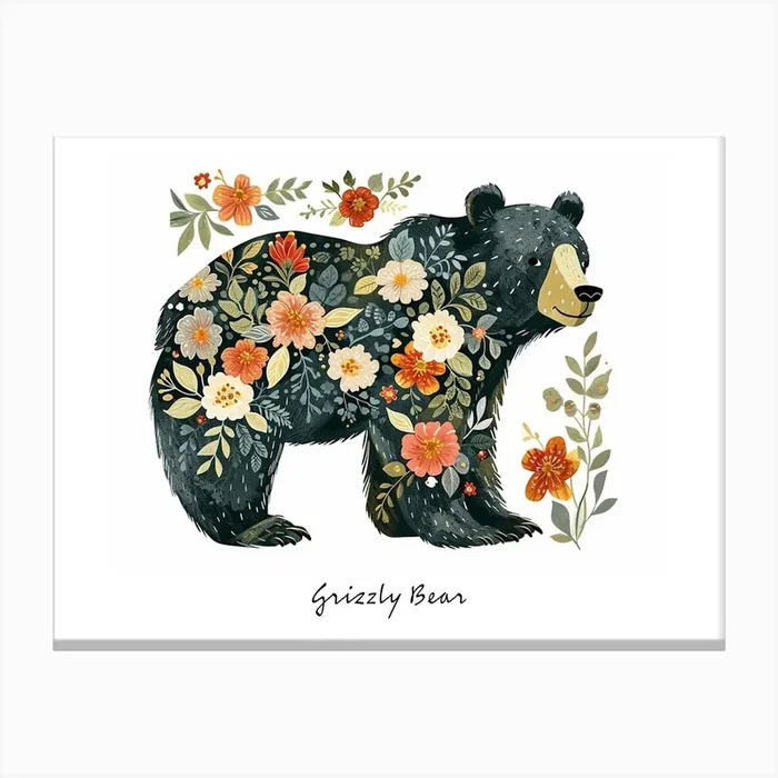 Little Floral Grizzly Bear 3 Poster Canvas Print by Scribble Studio