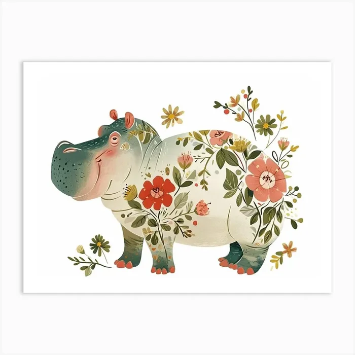 Little Floral Hippopotamus 3 Art Print by Scribble Studio