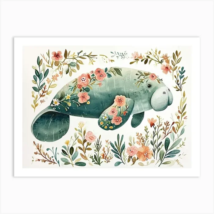 Little Floral Manatee 1 Art Print by Scribble Studio