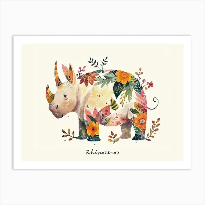 Little Floral Rhinoceros 2 Poster Art Print by Scribble Studio