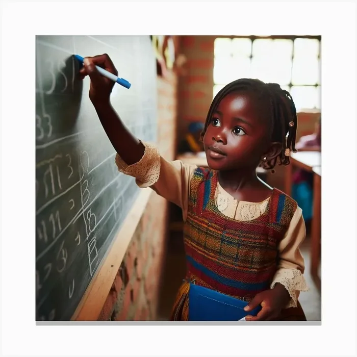 Little Girl Writing On Blackboard Canvas Print by Ade’s