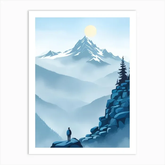Lone Traveller Standing On A Rock Watching Sun In Sky Vast Mountain Valley Art Print by Danny Barber