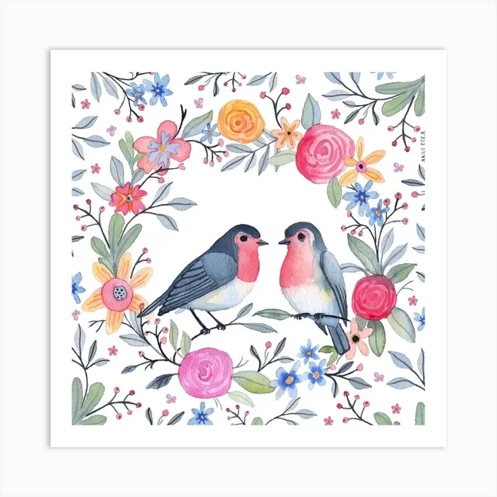 Lovebirds Square Art Print by Anke Rega