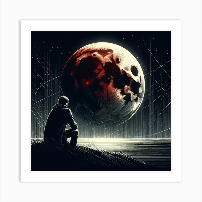 Man Looking At The Blood Moon: A Noir and Geometric Concept Art Art Print by alien designer