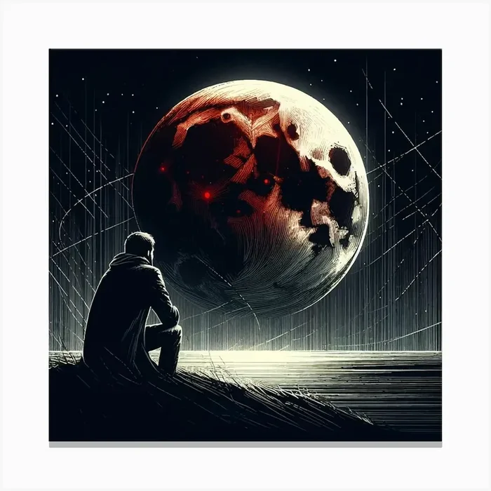 Man Looking At The Blood Moon: A Noir and Geometric Concept Art Canvas Print by alien designer