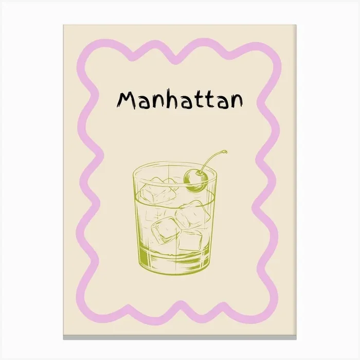 Manhattan Cocktail Doodle Poster Lilac & Green Canvas Print by Artful Appetite