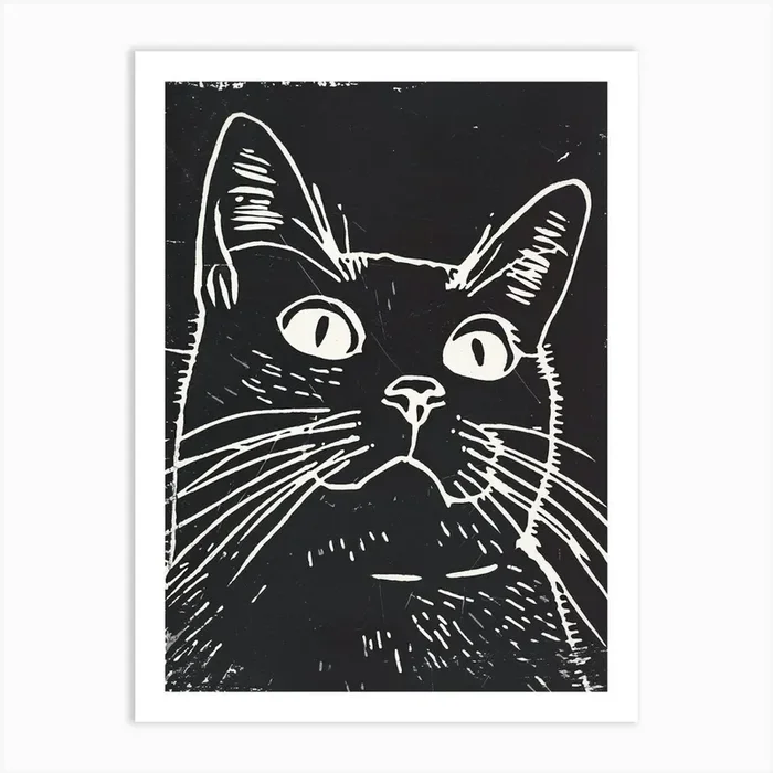 Manx Cat Linocut Blockprint 6 Art Print by Woof and Whiskers
