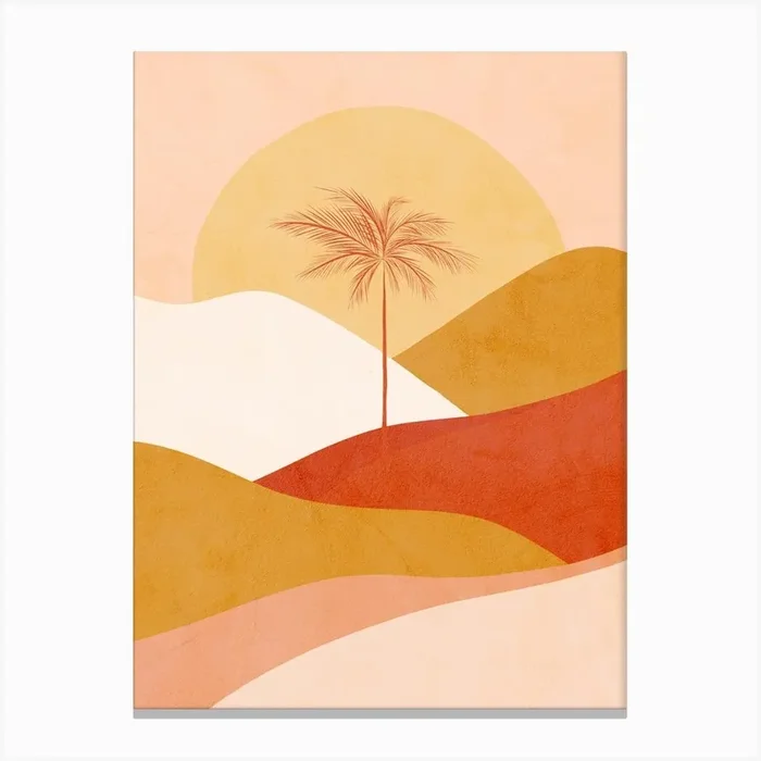 Mid Mod Boho Serene Tropical Palm Summer Sunset Peach Fuzz, Red, Ochre Canvas Print by Dominique Vari