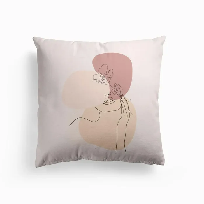 Minimal Line Art Beautiful Woman With Flower Cushion by UtART