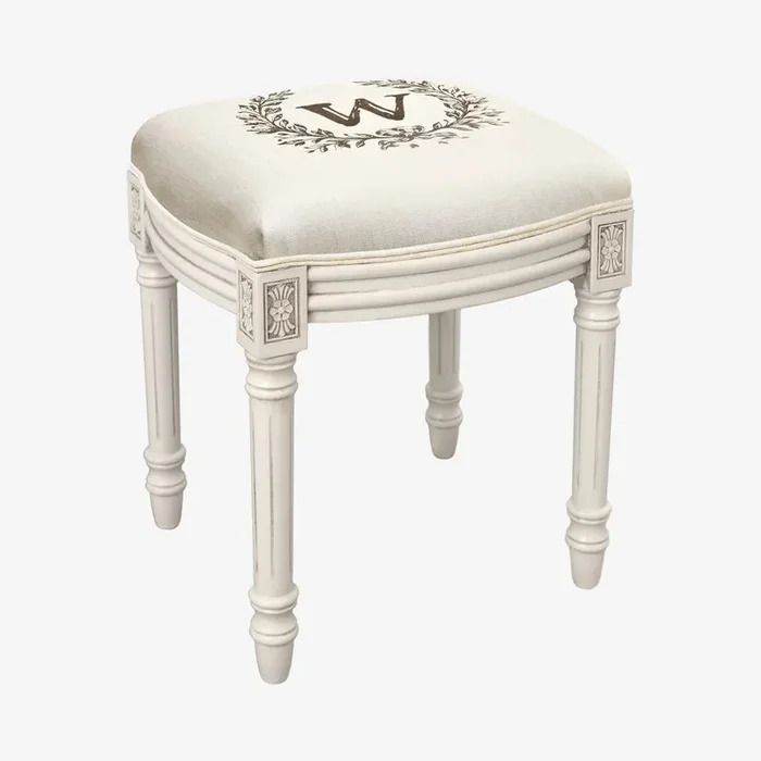 Monogram Vanity Stool – Linen / Antique White – Letter W by 123Creations
