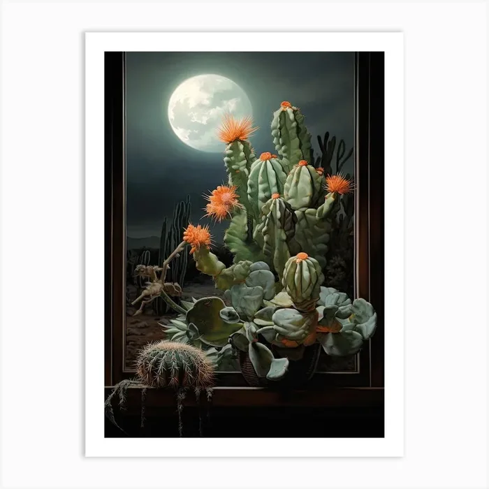 Moon Cactus On A Window 1 Art Print by Prickly Pear Art