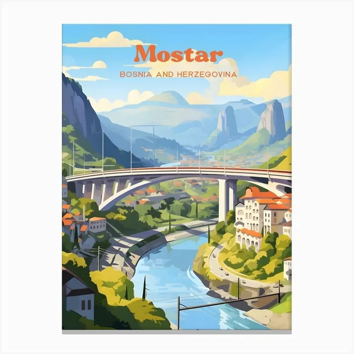 Mostar Bosnia and Herzegovina Old Bridge Modern Travel Art Canvas Print by Wanderscape Travel Art