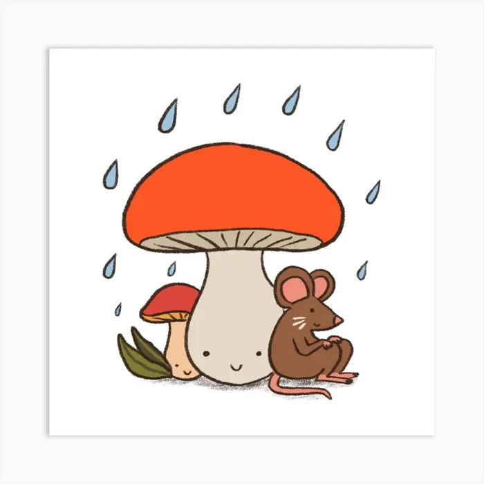 Mouse And Mushrooms On A Rainy Day Art Print by Romica Jones