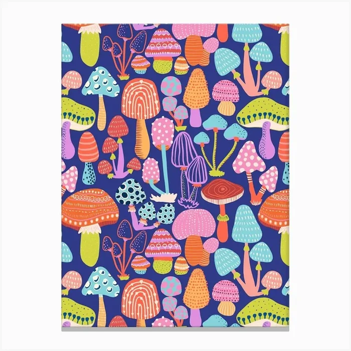 Mushroom Magic Neon Hand Drawn Botanical Fungus Canvas Print by Sandra Hutter Designs