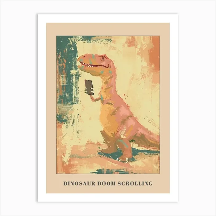 Muted Pastels Dinosaur On A Mobile Phone 2 Poster Art Print by Dino Delights