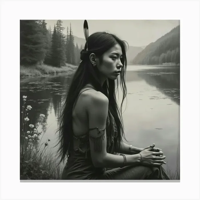 Native American Female By A Lake Charcoal 1 Canvas PrintAR by Arjune Ramdas