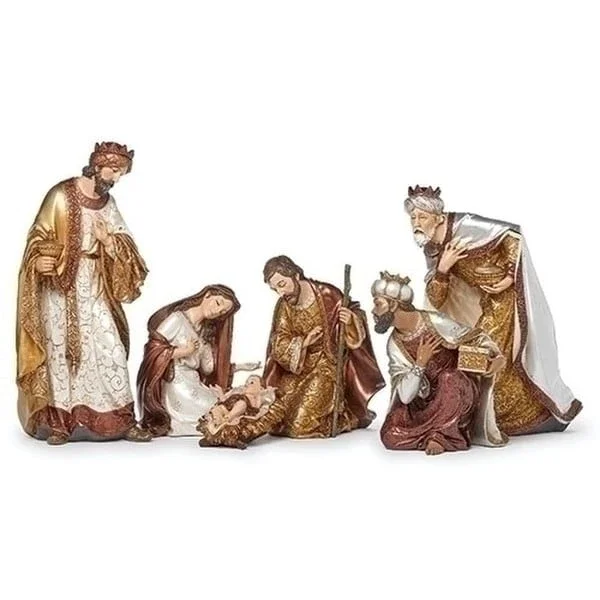 Nativity Set of Six Sculptures Mixed Metallic